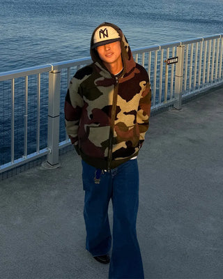 Camouflage knit hooded zip-up