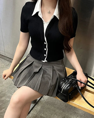 Shirt-layered short-sleeved cardigan
