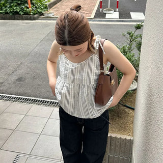 Striped shirred sleeveless top