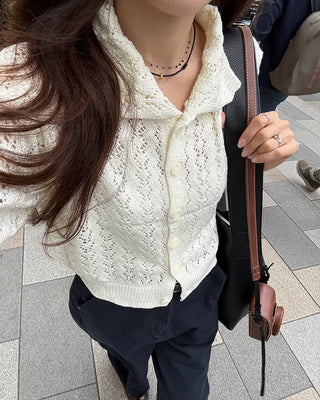 Perforated knit polo cardigan