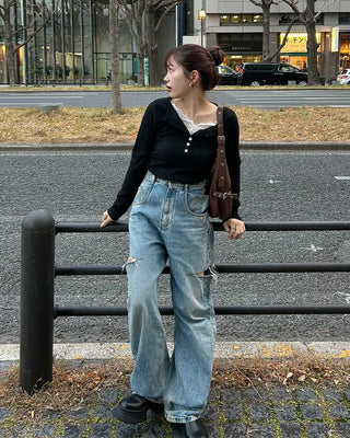 Lace detail button knit