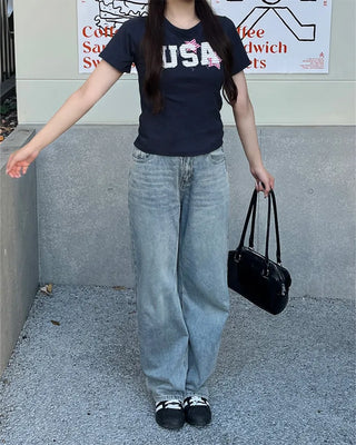 USA Star Patch Half-Sleeve T-Shirt