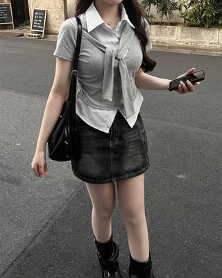 Shoulder Tie Shirt Layered T-Shirt