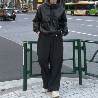 Leather hooded pocket jacket