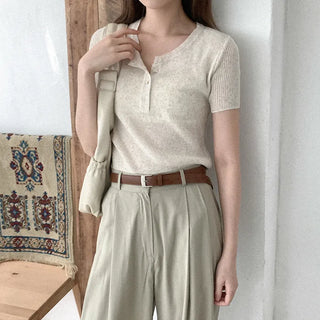 Linen ribbed button knit