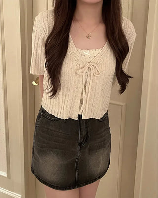 Ribbon Cropped Half-Sleeve Cardigan