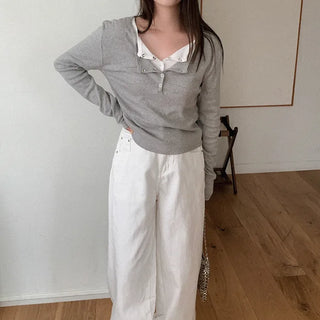 Snap button long-sleeved T-shirt