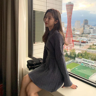 Button-collar knit and skirt set