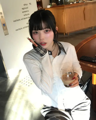 Checked two-tone gathered neck shirt
