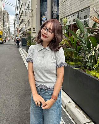 Checked frill detail short-sleeved knit