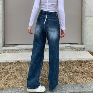 High-waisted washed denim wide-leg pants