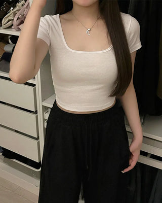 Square neck crop short-sleeved T-shirt