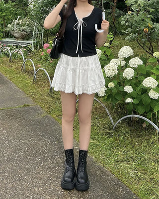 Tiered lace ruffle mini skirt