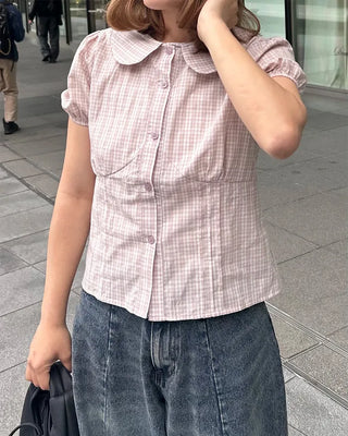 Round collar check short-sleeved blouse
