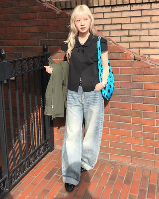 Round collar neck double-button blouse