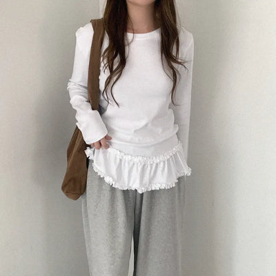 Frilled layered long-sleeved T-shirt