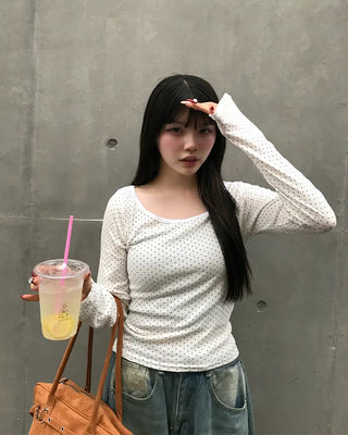 Jewel Neck Dot Long Sleeve T-Shirt