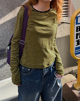 Round neck striped long T-shirt
