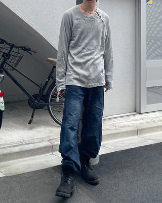 Asymmetrical slit button long T-shirt
