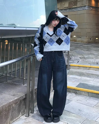 Hip-stitch washed denim pants