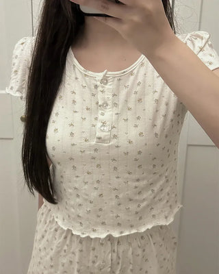 Flower Henley Neck Scallop Short Sleeve Shirt & Pants Set
