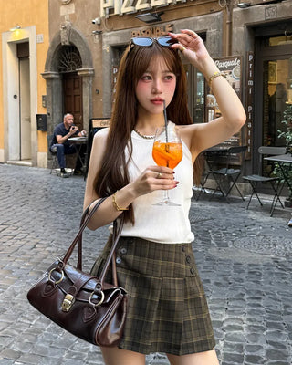 Checkered button pleated mini skirt