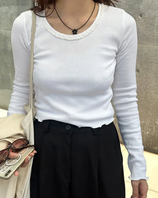 Lace neck long-sleeve T-shirt
