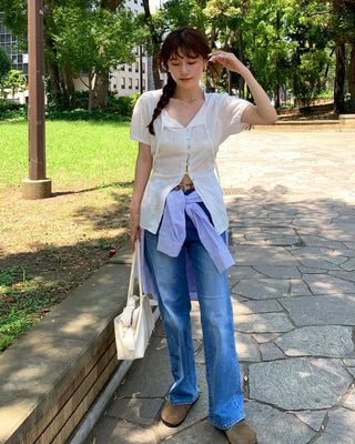 Collarless tie blouse