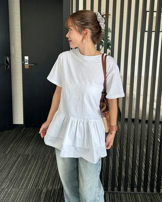 Frilled hem short-sleeve T-shirt