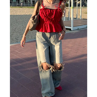 Ribbon detail shirred camisole