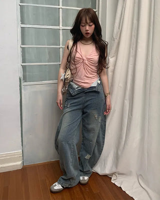Washed distressed wide-leg denim pants