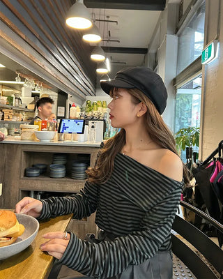 Striped off-shoulder long t-shirt