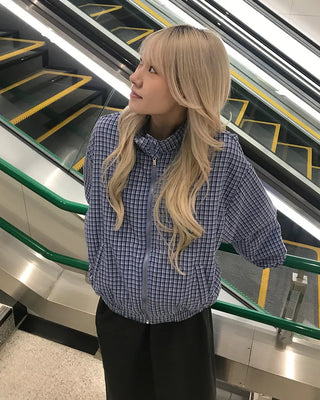 Gingham check half-zip pullover