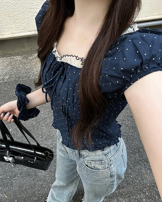 (Set) Polka Dot Puff Blouse and Scrunchie