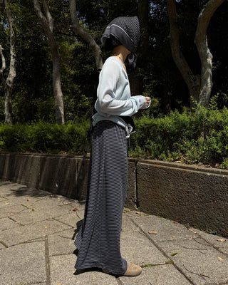Striped elastic waist long skirt