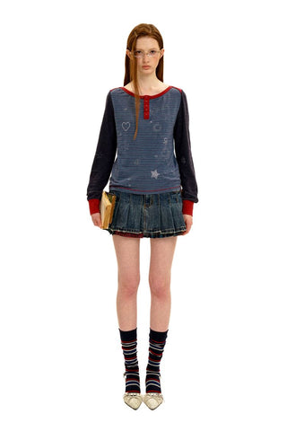 [Moromoro2] Contrast Stripe Rhinestone Long Sleeve  Tee