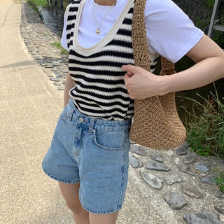 Striped perforated knit vest