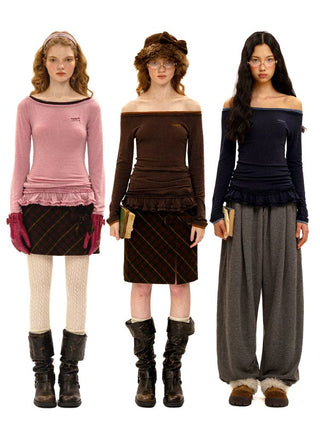 [Moromoro2] Off-Shoulder Ruffle Hem Long Sleeve  Top