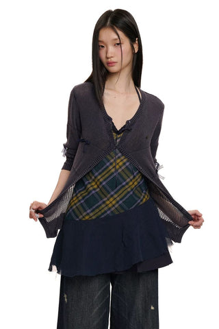 [Moromoro2] Openwork Mesh Bow V-Neck Knit  Cardigan