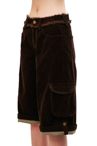 [Moromoro2] Distressed Plaid Corduroy Cargo  Pants