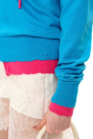 [Moromoro2] Patchwork Distressed Layered Hooded  Sweater