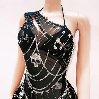 Metal chain ruffle irregular skull applique mini dress