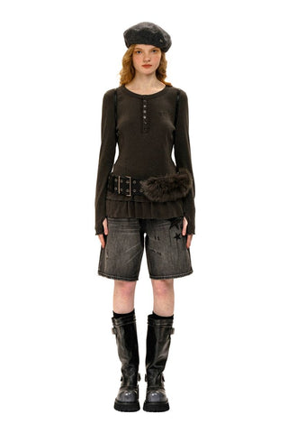 [Moromoro2] Soft Ribbed Lace Trim Long Sleeve  Top