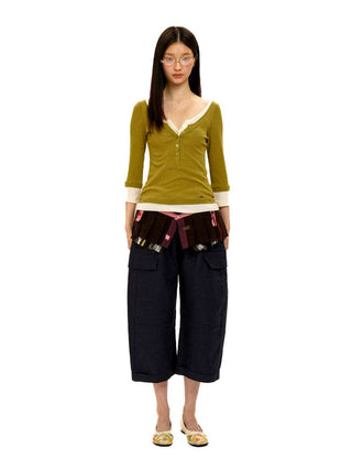 [Moromoro2] Layered Henley Top with Contrast  Trim