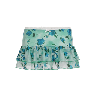Flower print lace hem bowknot ruffle mini skirt