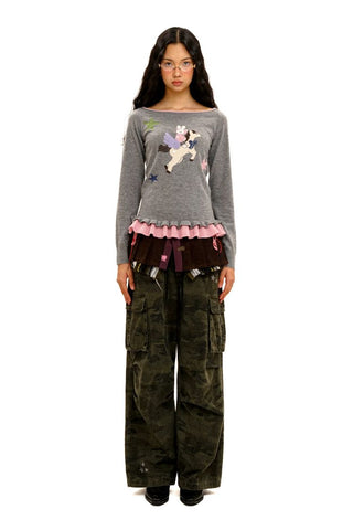 [Moromoro2] Boat Neck Ruffle Hem Wool  Sweater