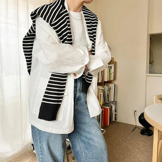 Striped faux shoulder knit