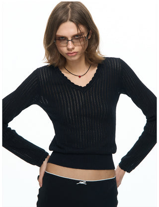 [NECY] Wavy Black Ribbed Slim Knit