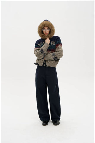 [MASONPRINCE] Fair Isle Fur Hood Wool Blend Cardigan