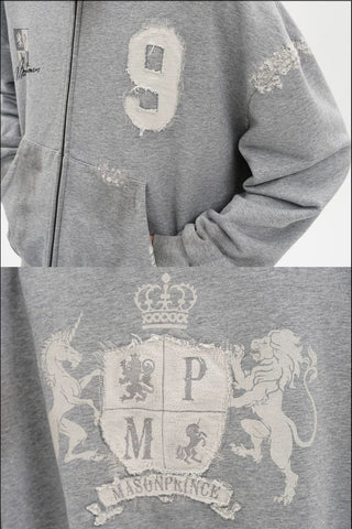 [MASONPRINCE] Boxy Fit Distressed Patch Zip-Up Hoodie